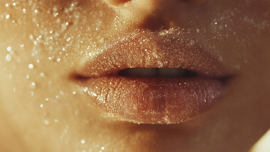  Close-up de la piel de una mujer con labios cubiertos de azúcar dorada, representando MUNA Monk Fruit Blend, destacando su piel radiante y saludable.