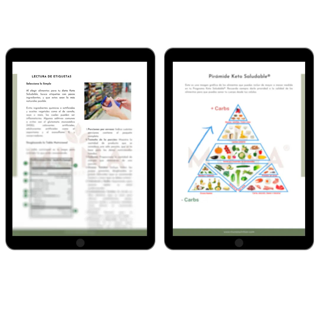 Foto de portada de la guia completa keto saludable mostrando lectura de etiquetas y piramide de la dieta keto.